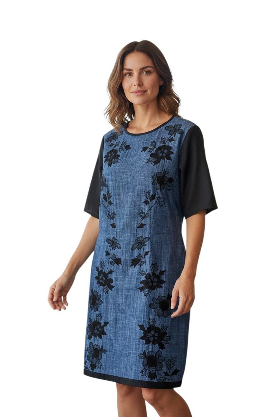 eShakti Women's L Dress Chambray Navy Blue Black Embroidered Floral Short Sleeve